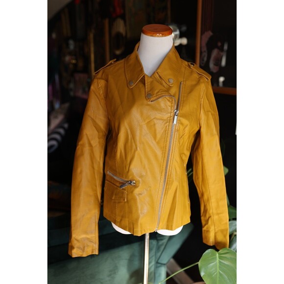 New York & Company Faux-Leather Mustard Yellow Gold Moto Biker Jacket Large - Picture 1 of 13